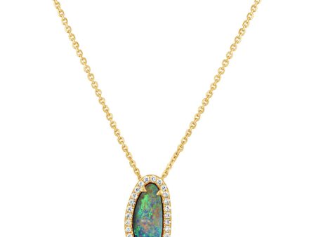 14K Yellow Gold Australian Opal Doublet Diamond Pendant Cheap