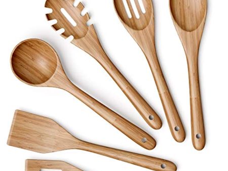 Verel  Wooden Kitchen Utensils Set - 6 Piece Non-Stick Bamboo Wooden Utensils for Cooking - Easy to Clean Reusable Wooden Spoons for Cooking, Spatula, Ladle, Turner & Pasta Server Online Hot Sale