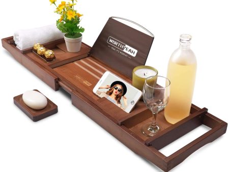 WORTHYEAH Bathtub Caddy Tray, Bamboo Adjustable Organizer Tray for Bathroom with Free Soap, Large Bathtub Table Holds Book, Wine, Snack, Phone, Wooden Tub Rack for Luxury Spa (Natural) Discount