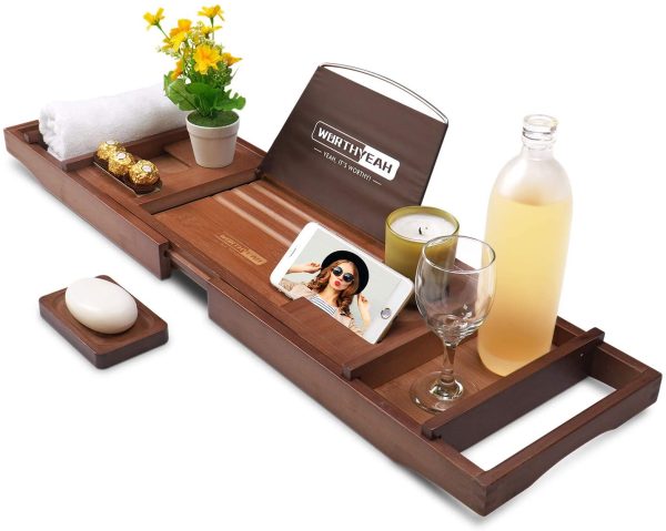 WORTHYEAH Bathtub Caddy Tray, Bamboo Adjustable Organizer Tray for Bathroom with Free Soap, Large Bathtub Table Holds Book, Wine, Snack, Phone, Wooden Tub Rack for Luxury Spa (Natural) Discount