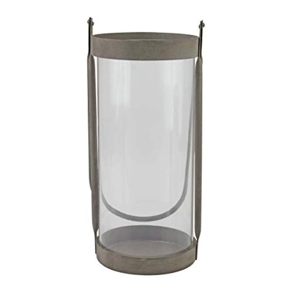 WAYNEWON Industrial Glass Cylinder Hurricane Candle Lantern with Rustic Zinc Metal Frame and Handle, Gray Cheap