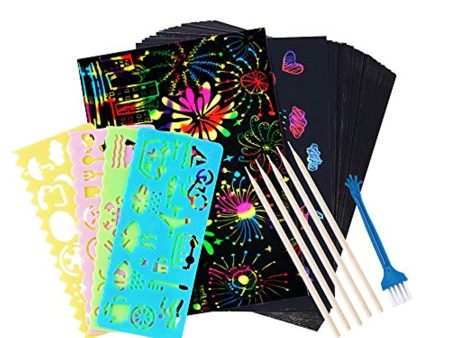 DAIKOYE 50 PCS Rainbow Magic Scratch Paper for Kids Black Scratch Off Art Crafts Notes Boards Sheet , with 5 Wooden Stylus 4 Drawing Stencils For Discount