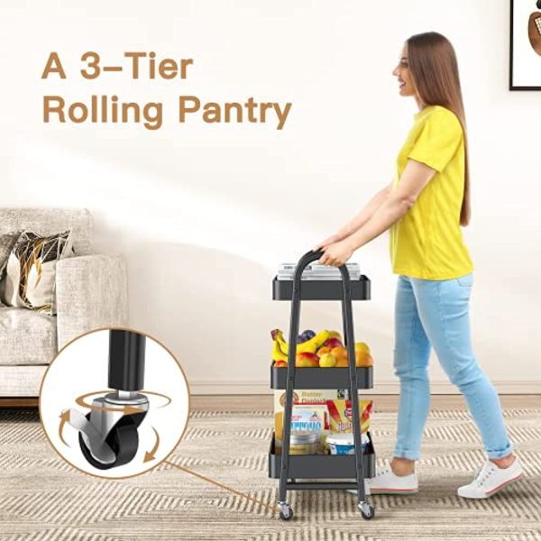 FURNINXS 3 Tier Rolling Cart Organizer Storage Metal Utility Cart Trolley with Wheels and Handle for Home, Kitchen, Office, Bathroom, Black on Sale