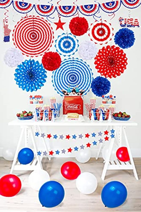 Moon Boat  66PCS 4th Fourth of July Decorations Set - Patriotic Paper Fans+Tissue Pom Poms+Star Streamer+American Flag Banner Garland+Hang Swirls+Balloons Cheap