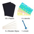 DAIKOYE 50 PCS Rainbow Magic Scratch Paper for Kids Black Scratch Off Art Crafts Notes Boards Sheet , with 5 Wooden Stylus 4 Drawing Stencils For Discount