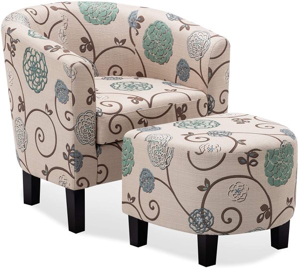 BELLEZE Upholstered Modern Barrel Accent Tub Chair with Ottoman Foot Rest Living Room, Beige Floral Online now