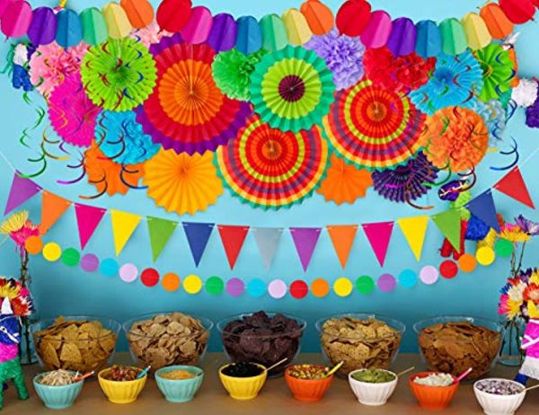 Moon Boat 35PCS Fiesta Paper Fan Party Decorations Set - Cinco De Mayo Pom Poms,Pennant,Garland String,Banner,Hanging Swirls Decor Supplies Fashion