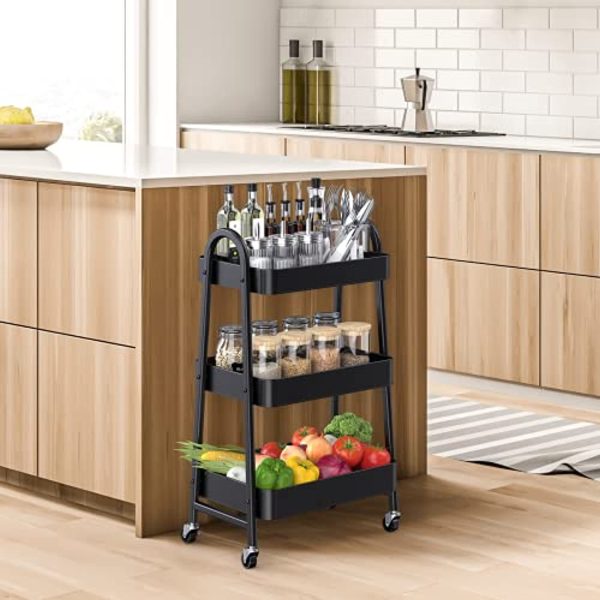 FURNINXS 3 Tier Rolling Cart Organizer Storage Metal Utility Cart Trolley with Wheels and Handle for Home, Kitchen, Office, Bathroom, Black on Sale