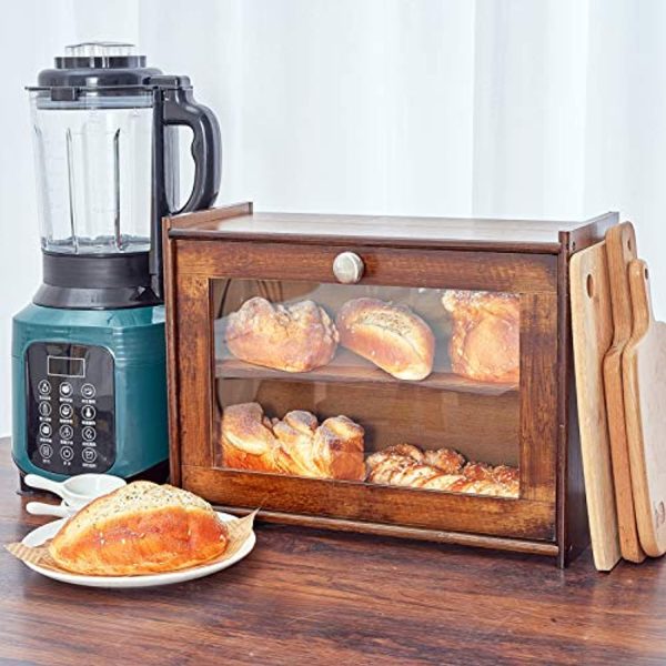 WORTHYEAH Bamboo Bread Box for Kitchen Countertop, Wooden Bread Storage Box with Transparent Window, 2-Layer Large Capacity Bread Storage, Kitchen Bread Holder, Self Assembly Online