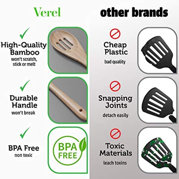 Verel  Wooden Kitchen Utensils Set - 6 Piece Non-Stick Bamboo Wooden Utensils for Cooking - Easy to Clean Reusable Wooden Spoons for Cooking, Spatula, Ladle, Turner & Pasta Server Online Hot Sale