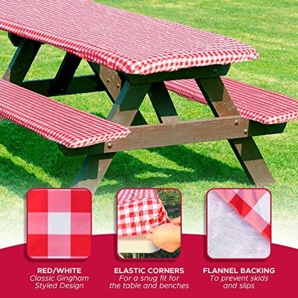 WOOWOW Fitted Picnic Table Tablecloth Cover with Picnic Bench Covers, Fitted Vinyl Tablecloth and Seat Covers, Tablecloth for Picnic Table, Camping Picnic Table Bench Elastic Covers,72X28 Inch,Red,3 Piece Supply