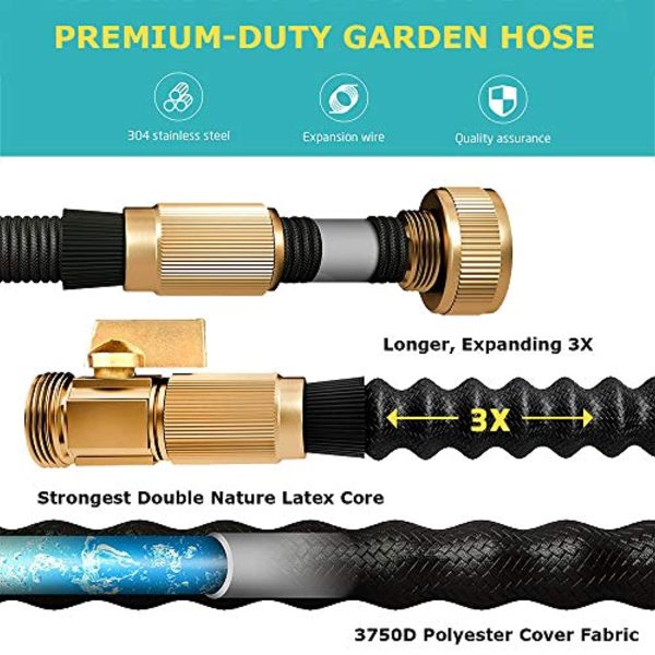 Unzano Garden Hose Expandable 50ft, Water Hose Flexible with 9 Function Spray Nozzle - Leakproof Expanding Lightweight No Kink Garden Hoses with 3 4  Solid Brass Fittings for Watering Washing Supply