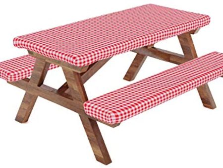 WOOWOW Fitted Picnic Table Tablecloth Cover with Picnic Bench Covers, Fitted Vinyl Tablecloth and Seat Covers, Tablecloth for Picnic Table, Camping Picnic Table Bench Elastic Covers,72X28 Inch,Red,3 Piece Supply