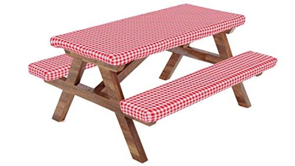 WOOWOW Fitted Picnic Table Tablecloth Cover with Picnic Bench Covers, Fitted Vinyl Tablecloth and Seat Covers, Tablecloth for Picnic Table, Camping Picnic Table Bench Elastic Covers,72X28 Inch,Red,3 Piece Supply