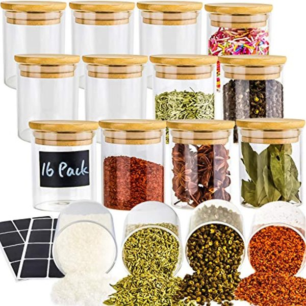 UMI UMIZILI  16 Piece Glass Jars with Lids, Airtight Bamboo Lids Spice Jars Containers Set For Spice, Coffee, Beans, Candy, Nuts, Herbs, Dry Food Canisters (Extra Chalkboard Labels) - 7 oz Clear Online now