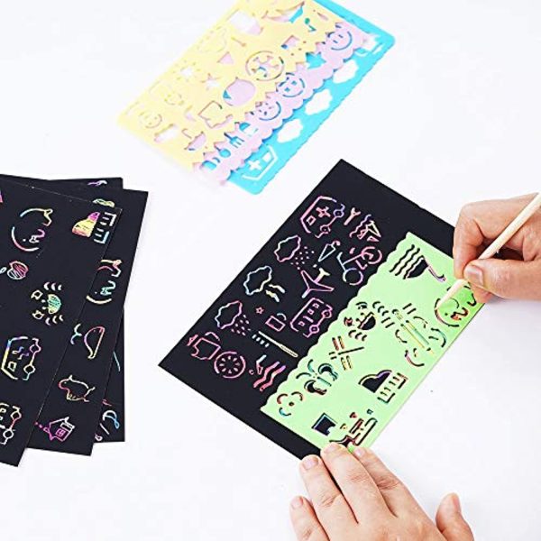 DAIKOYE 50 PCS Rainbow Magic Scratch Paper for Kids Black Scratch Off Art Crafts Notes Boards Sheet , with 5 Wooden Stylus 4 Drawing Stencils For Discount