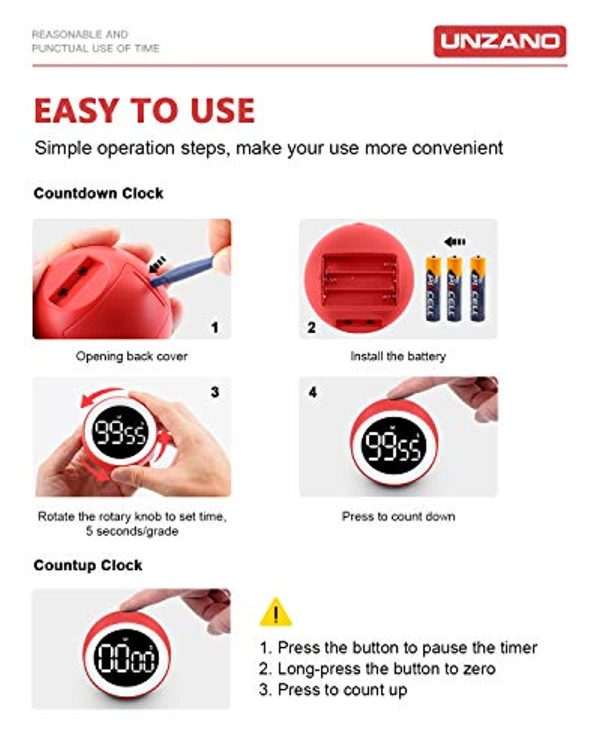 Unzano Countdown Timer for Kids, Large Digital LED & One Button Kitchen Timers, Sets from 0 to 99 Minutes, for Homework, Beauty, Fitness, Cooking (Red) Hot on Sale