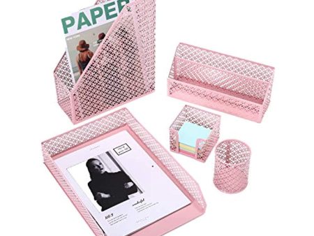 Delifox Office Suppliers 5 Piece Desktop Organizer Set Desk Accessories - Letter Tray, Mail Sorter, Sticky Note Holder, Pen Cup and Magazine Holder, Light Pink Online Sale