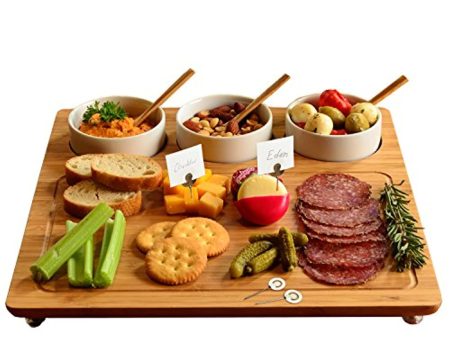 YUOIOYU Bamboo Cheese Board Charcuterie Platter - Includes 3 Ceramic Bowls with Bamboo Spoons & Cheese Markers -13 x 13 - Designed and Quality Checked in the USA Online Sale