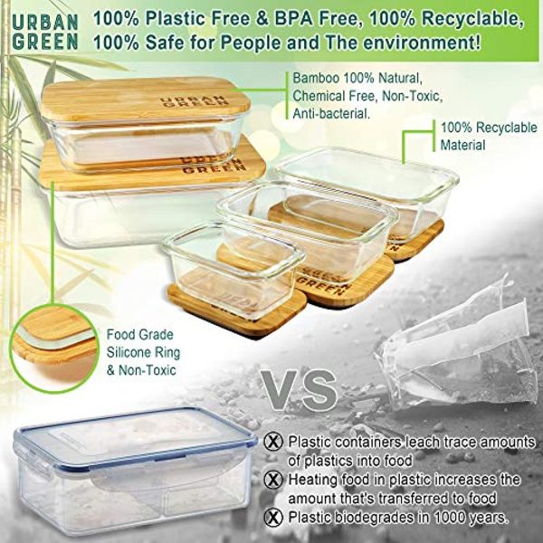 Verel Glass Containers with Bamboo Lids Urban Green, Meal Prep Glass Containers, Glass Food storage Containers, 5 Pack, Pantry & Kitchen Glass Organizer, Lunch glass container Online now