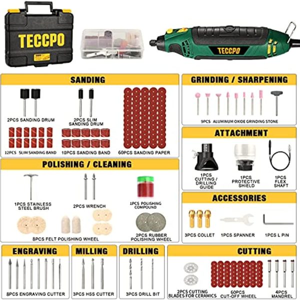 TECCPO Upgraded Rotary Tool 1.8 amp, 10000-40000RPM, 6 Variable Speed with 6 Attachments, Universal Keyless Chuck, 196 Accessories Ideal for Crafting and DIY Online now