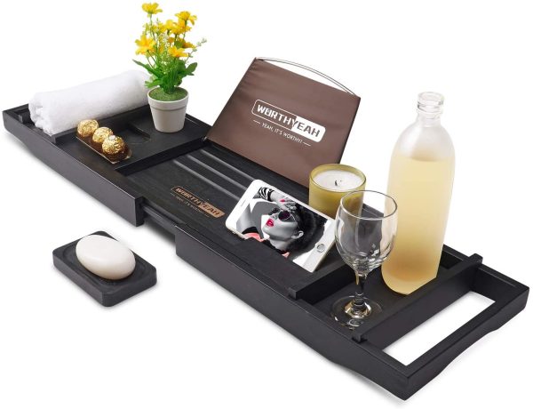 WORTHYEAH Bathtub Caddy Tray, Bamboo Adjustable Organizer Tray for Bathroom with Free Soap, Large Bathtub Table Holds Book, Wine, Snack, Phone, Wooden Tub Rack for Luxury Spa (Natural) Discount