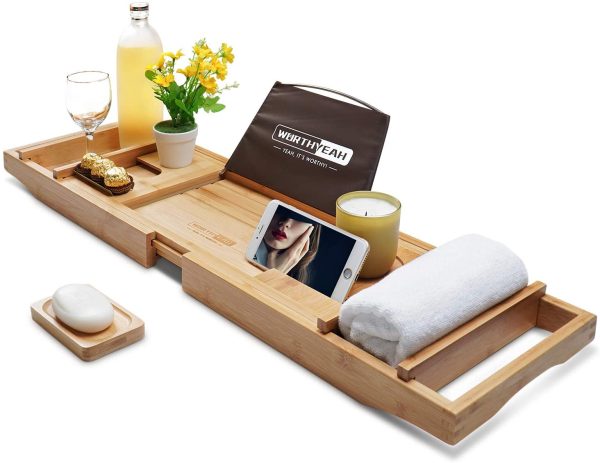 WORTHYEAH Bathtub Caddy Tray, Bamboo Adjustable Organizer Tray for Bathroom with Free Soap, Large Bathtub Table Holds Book, Wine, Snack, Phone, Wooden Tub Rack for Luxury Spa (Natural) Discount