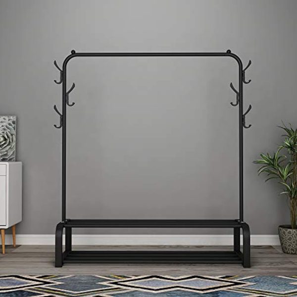 UDEAR Garment Rack Free-standing Clothes Rack with Top Rod,Lower Storage and 6 Hooks,Black For Cheap