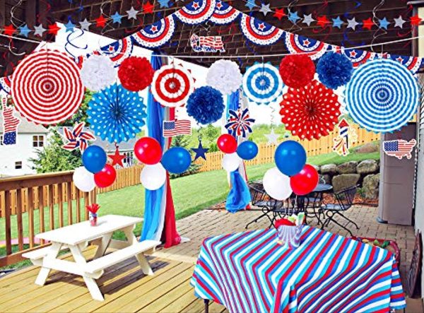 Moon Boat  66PCS 4th Fourth of July Decorations Set - Patriotic Paper Fans+Tissue Pom Poms+Star Streamer+American Flag Banner Garland+Hang Swirls+Balloons Cheap