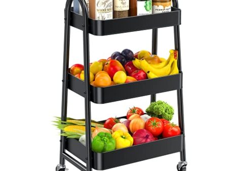 FURNINXS 3 Tier Rolling Cart Organizer Storage Metal Utility Cart Trolley with Wheels and Handle for Home, Kitchen, Office, Bathroom, Black on Sale