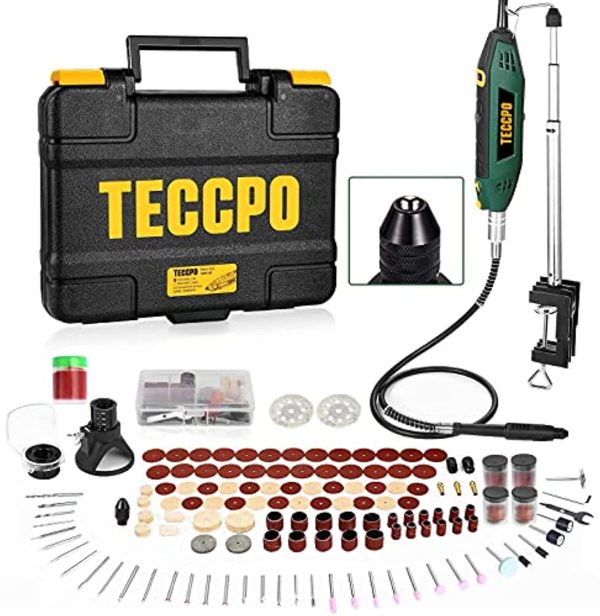 TECCPO Upgraded Rotary Tool 1.8 amp, 10000-40000RPM, 6 Variable Speed with 6 Attachments, Universal Keyless Chuck, 196 Accessories Ideal for Crafting and DIY Online now