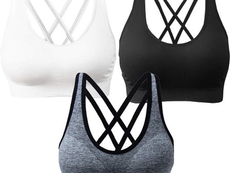 AKAMC 3 Pack Women s Medium Support Cross Back Wirefree Removable Cups Yoga Sport Bra Fashion