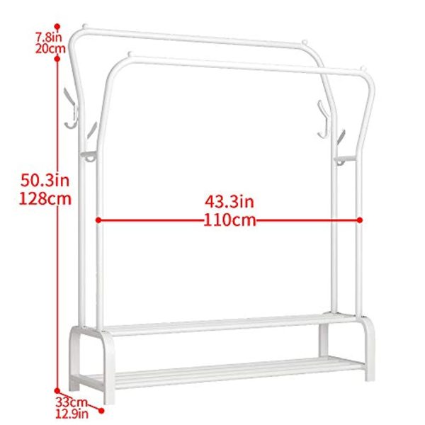 UDEAR Garment Rack Freestanding Hanger Double Rods Multi-functional Bedroom Clothing Rack, Double layer ，4 Hooks，White on Sale