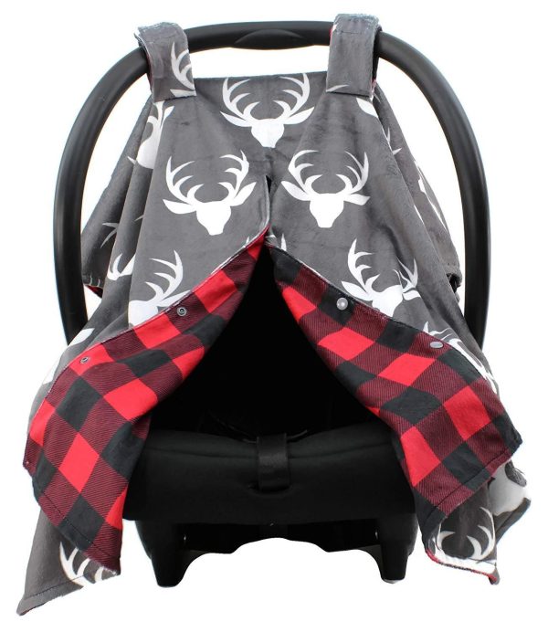 Dear Baby Gear Deluxe Reversible Baby Blankets, Custom Minky Print White Antlers, Red and Black Buffalo Plaid Minky Online Hot Sale