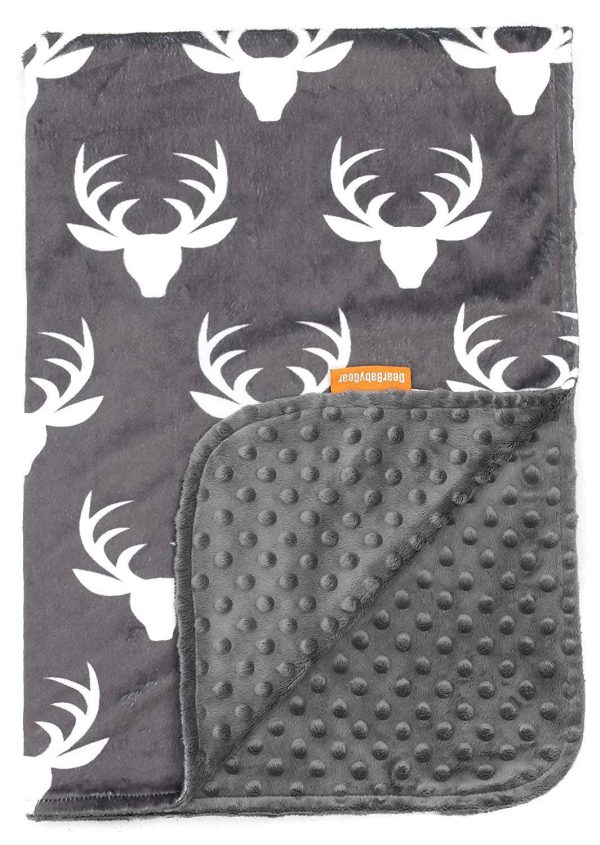 Dear Baby Gear Deluxe Reversible Baby Blankets, Custom Minky Print White Antlers, Red and Black Buffalo Plaid Minky Online Hot Sale