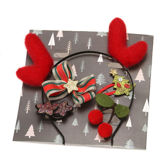 Randofu Christmas Hair Accessories, Santa Antlers Headband Hair Clips Hair Tie for Kids Girl Gift Discount