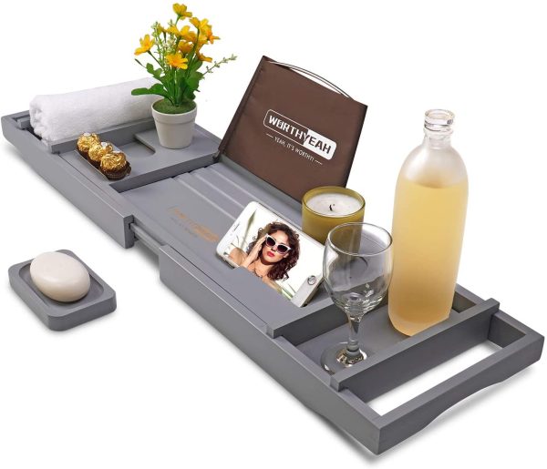 WORTHYEAH Bathtub Caddy Tray, Bamboo Adjustable Organizer Tray for Bathroom with Free Soap, Large Bathtub Table Holds Book, Wine, Snack, Phone, Wooden Tub Rack for Luxury Spa (Natural) Discount