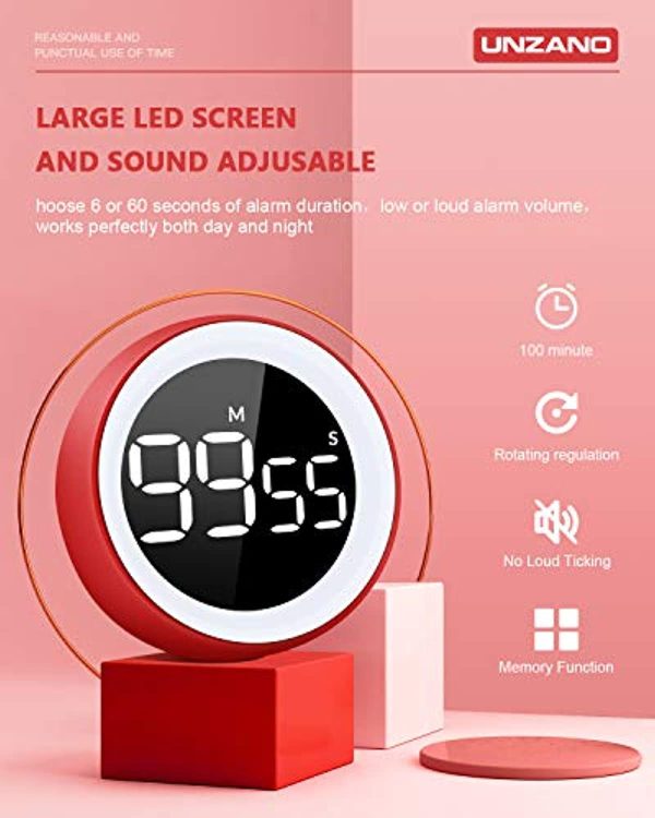 Unzano Countdown Timer for Kids, Large Digital LED & One Button Kitchen Timers, Sets from 0 to 99 Minutes, for Homework, Beauty, Fitness, Cooking (Red) Hot on Sale