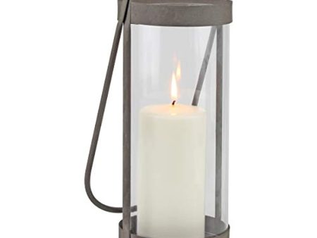 WAYNEWON Industrial Glass Cylinder Hurricane Candle Lantern with Rustic Zinc Metal Frame and Handle, Gray Cheap