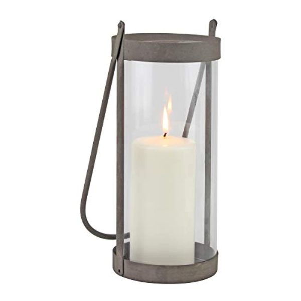 WAYNEWON Industrial Glass Cylinder Hurricane Candle Lantern with Rustic Zinc Metal Frame and Handle, Gray Cheap