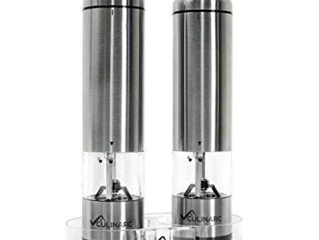 Electric Salt and Pepper Grinder Set (x2 Mills) with Tray by Culinarc - Battery Operated Mill with Ceramic Grinders - Adjustable Coarseness with Automatic LED Light - Durable Stainless Steel Design Hot on Sale