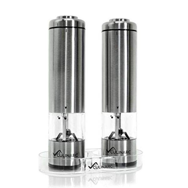 Electric Salt and Pepper Grinder Set (x2 Mills) with Tray by Culinarc - Battery Operated Mill with Ceramic Grinders - Adjustable Coarseness with Automatic LED Light - Durable Stainless Steel Design Hot on Sale