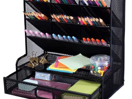 Delifox Multi-Functional Pen Holder with Drawer, Mesh Pen Organizer with 10 Compartments, Desktop Stationary Storage Art Supply Fashion