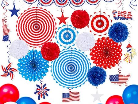 Moon Boat  66PCS 4th Fourth of July Decorations Set - Patriotic Paper Fans+Tissue Pom Poms+Star Streamer+American Flag Banner Garland+Hang Swirls+Balloons Cheap