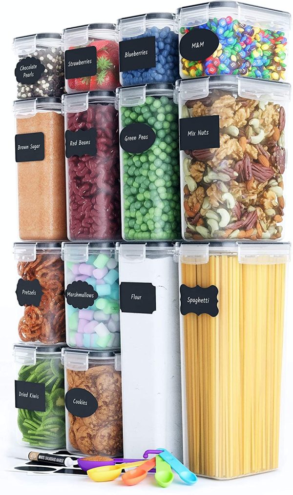 U-miss Airtight Food Storage Containers Set - Kitchen & Pantry Organization - BPA-Free - Plastic Canisters with Durable Lids Ideal for Cereal, Flour & Sugar - Labels, Marker & Spoon Set (14) Online