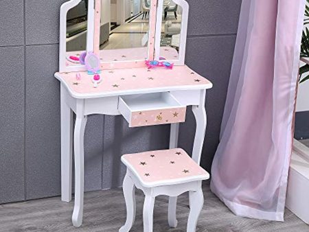 Nromant Kids Vanity Table and Chair Set, Girls Vanity Set with Mirror and Stool, Tri-Folding Mirror, Makeup Dressing Princess Table Online Hot Sale