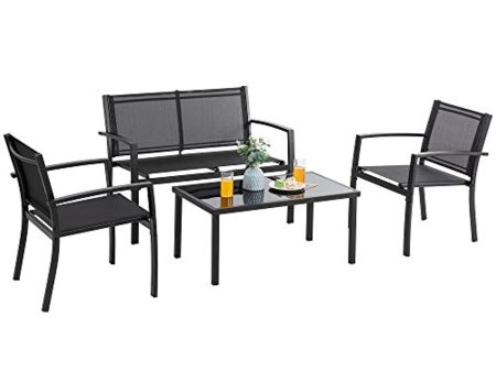 Vongrasig 4 Pieces Patio Furniture Sets, Small Modern Metal Textilene Outdoor Furniture Conversation Sets, Lawn Garden Porch Balcony Mesh Bistro Set Backyard Patio Set w Loveseat&Glass Table (Black) For Cheap