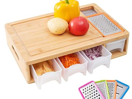 WORTHYEAH Bamboo Cutting Board with Trays, Lids and Graters- Wood Chopping Board with Containers, Food Dropping Zone and Vegetable Tray with Lid- Carving Board with Compartments, Handle, Juice Groove For Sale