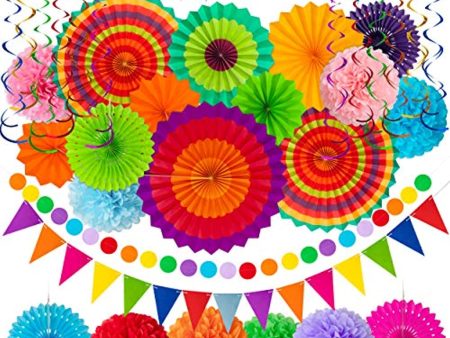 Moon Boat 35PCS Fiesta Paper Fan Party Decorations Set - Cinco De Mayo Pom Poms,Pennant,Garland String,Banner,Hanging Swirls Decor Supplies Fashion