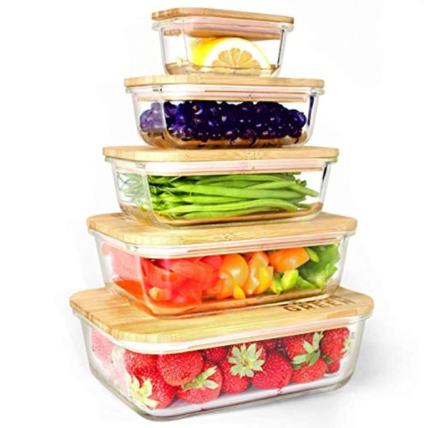 Verel Glass Containers with Bamboo Lids Urban Green, Meal Prep Glass Containers, Glass Food storage Containers, 5 Pack, Pantry & Kitchen Glass Organizer, Lunch glass container Online now